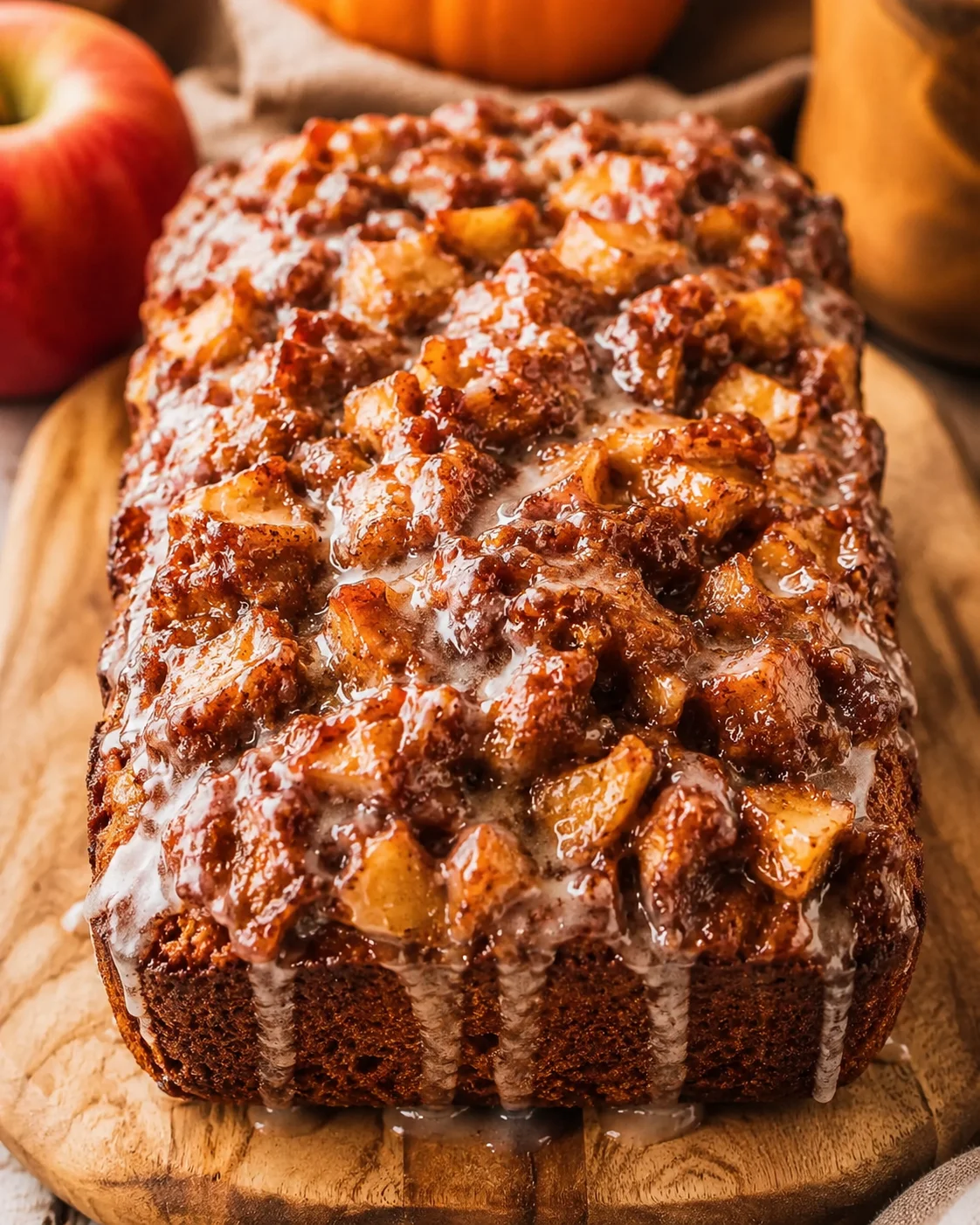 Close-up of warm homemade apple fritter bread topped with caramelized apples