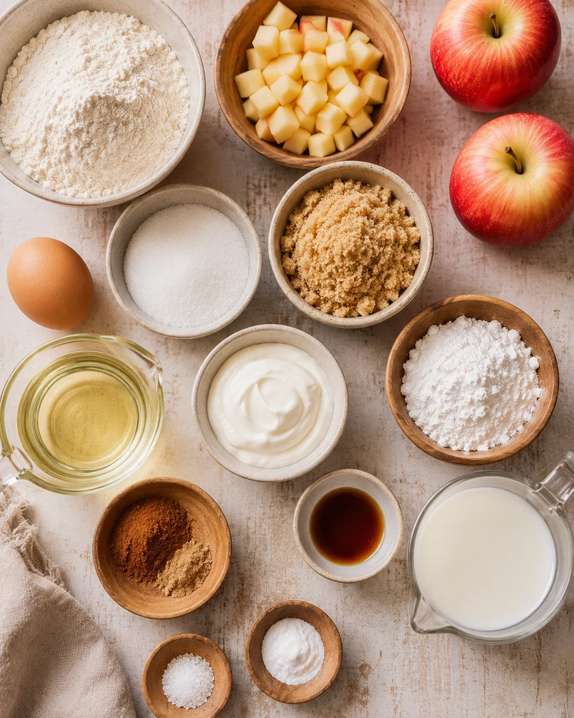 Ingredients for Amish apple fritter bread including apples, flour, sugar, and spices.
