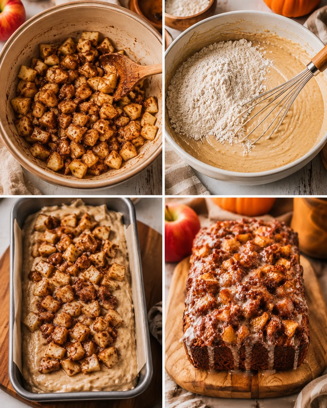 Step-by-step photos of mixing, layering, and baking apple fritter bread.