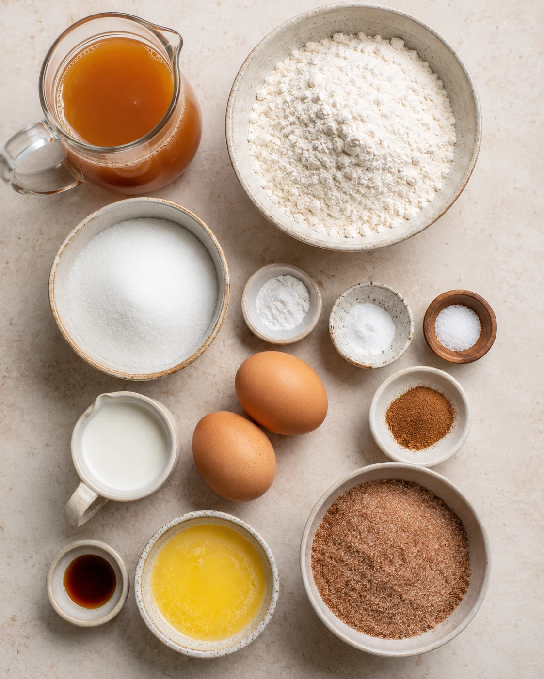 Ingredients for making baked apple cider donuts, including flour, cider, eggs, and spices.