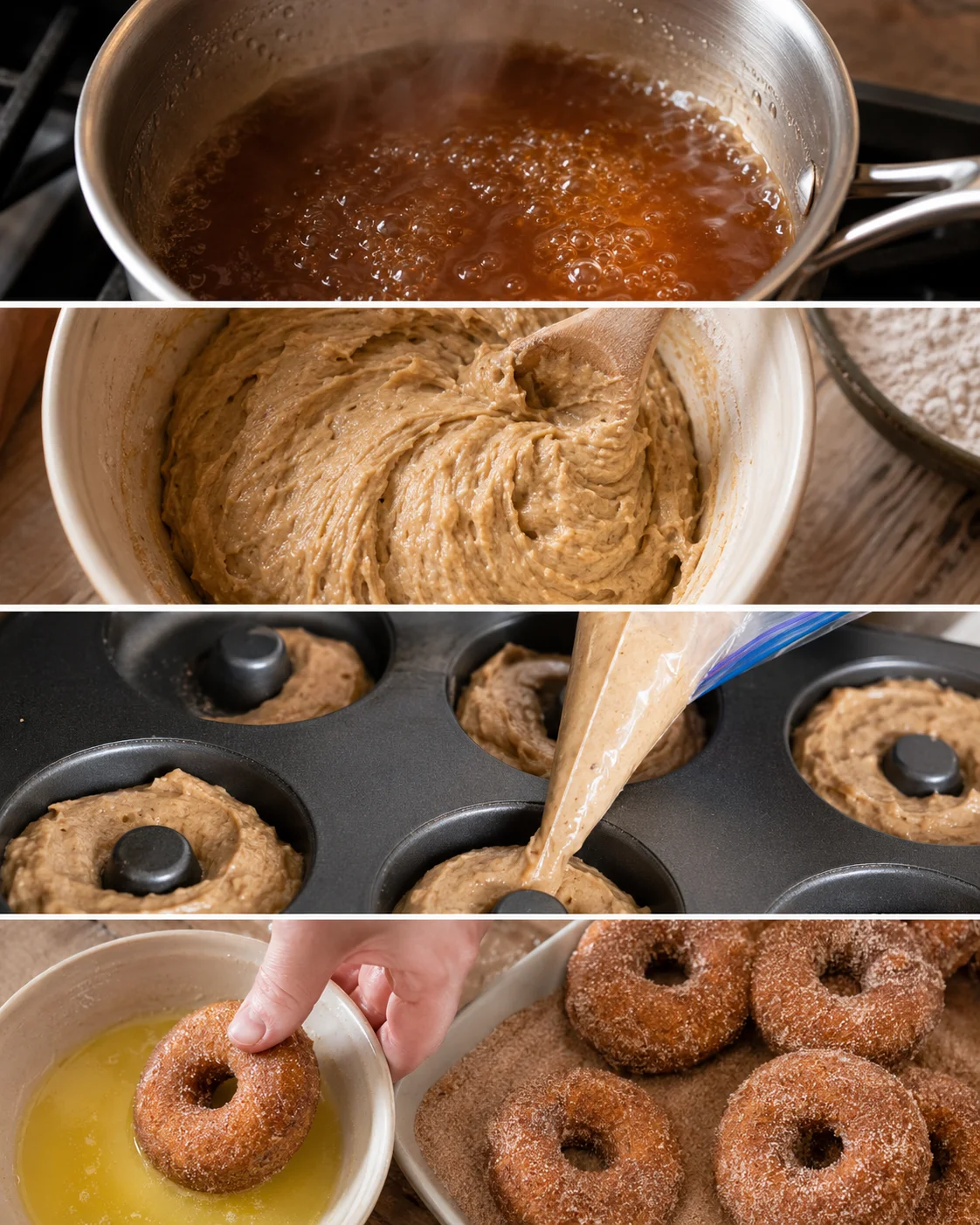 Baking process of apple cider donuts with reducing cider and preparing the batter.