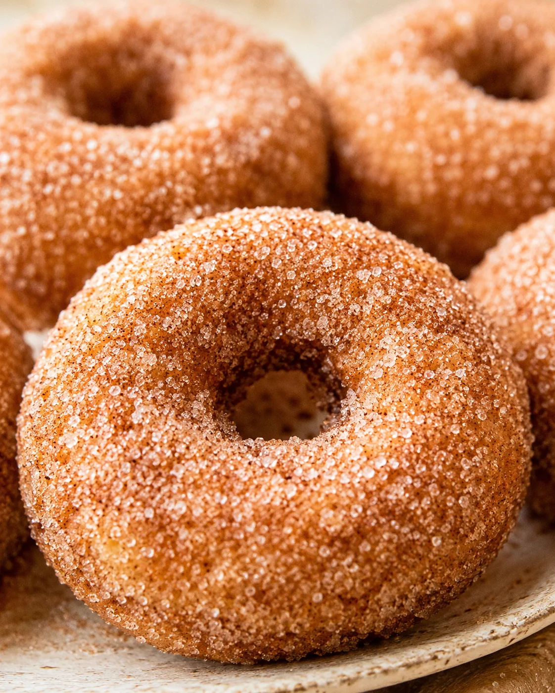 Close-up of freshly baked apple cider donuts coated in cinnamon sugar.