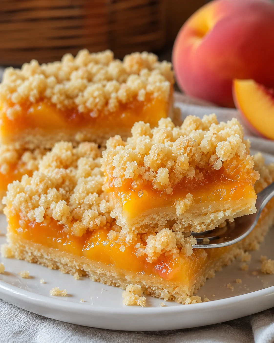 Close-up of peach crumb bars with juicy filling and crumb topping on a white plate