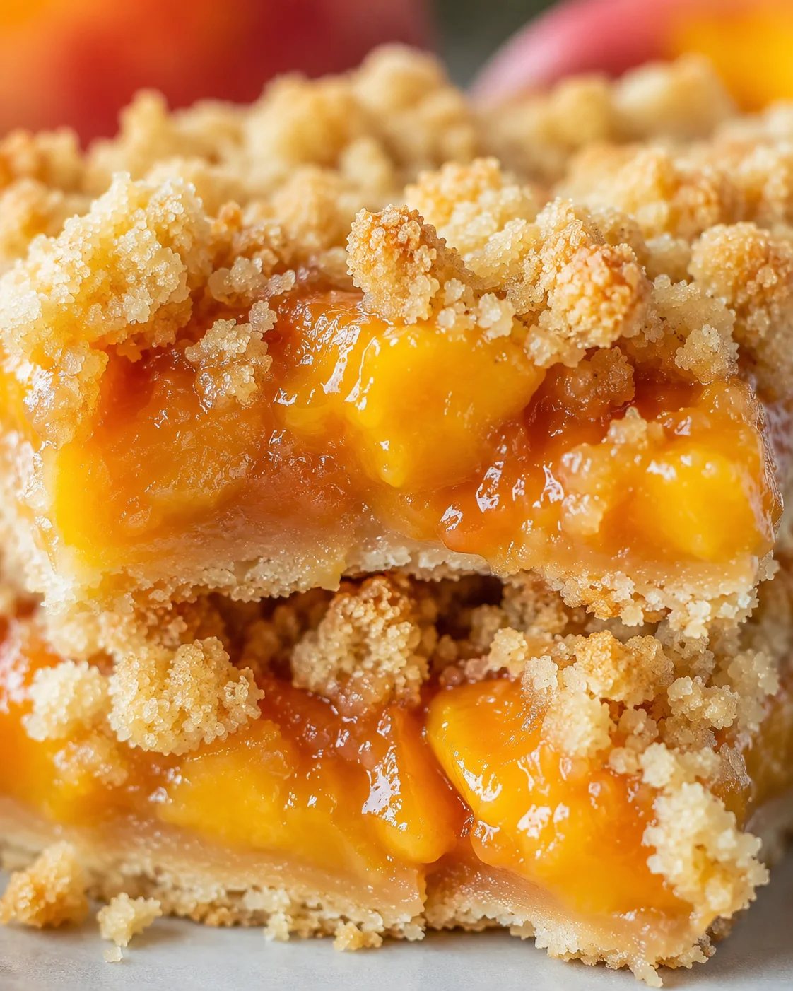 Golden, juicy peach filling topped with a crispy crumb layer.