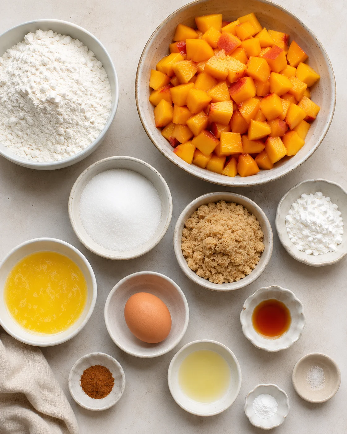 Close-up of diced ripe peaches and baking ingredients for peach crumb bars.