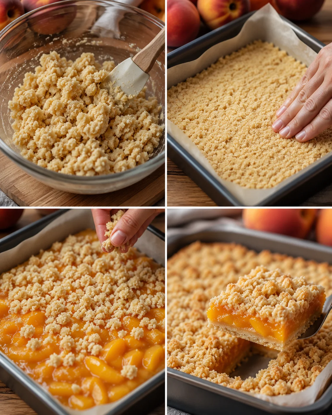 Baking peach crumb bars with a buttery crust and juicy filling in a baking dish.
