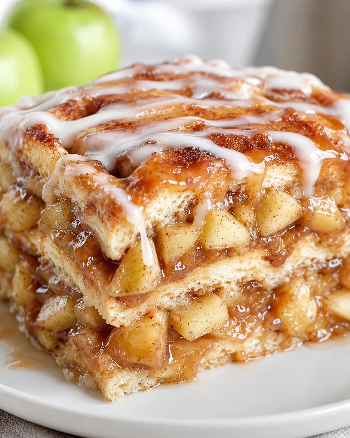 Delicious layered caramel apple cinnamon roll lasagna with caramel drizzles and apple filling.