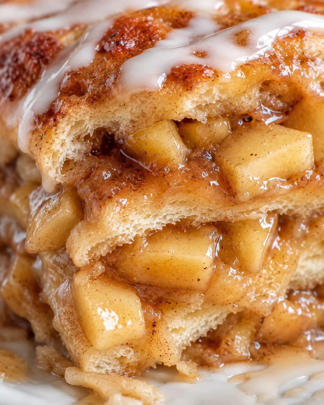 Close-up of a layered caramel apple cinnamon roll lasagna dessert with gooey filling
