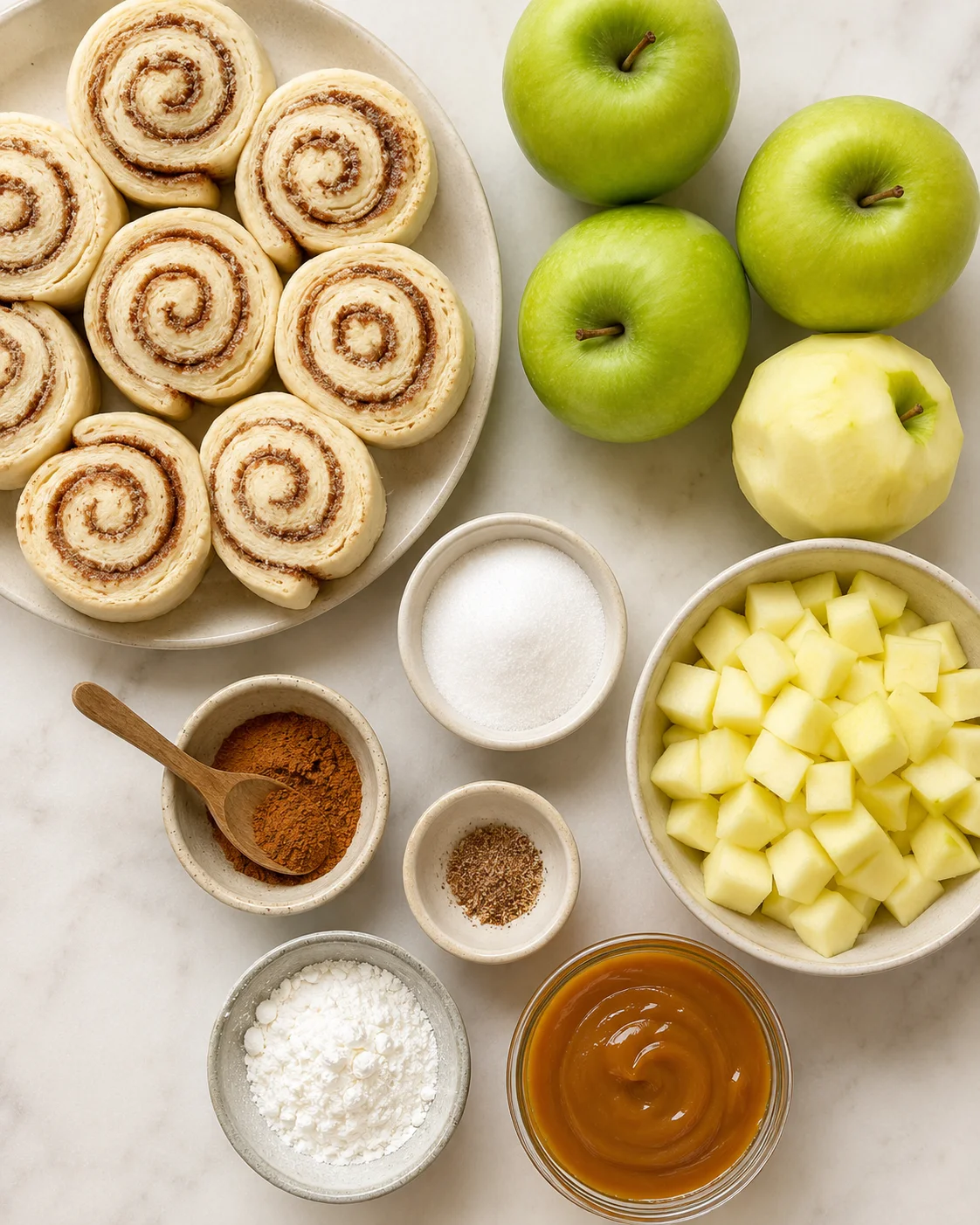 Layers of cinnamon rolls, fresh apples, and caramel sauce inside a baking dish.