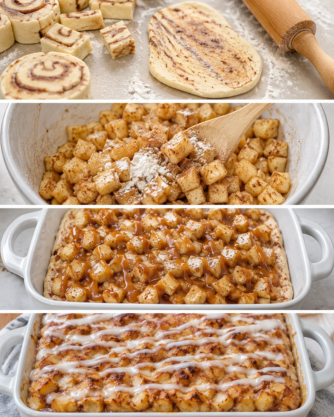 Delicious layered apple cinnamon roll lasagna with caramel drizzle and apple filling.