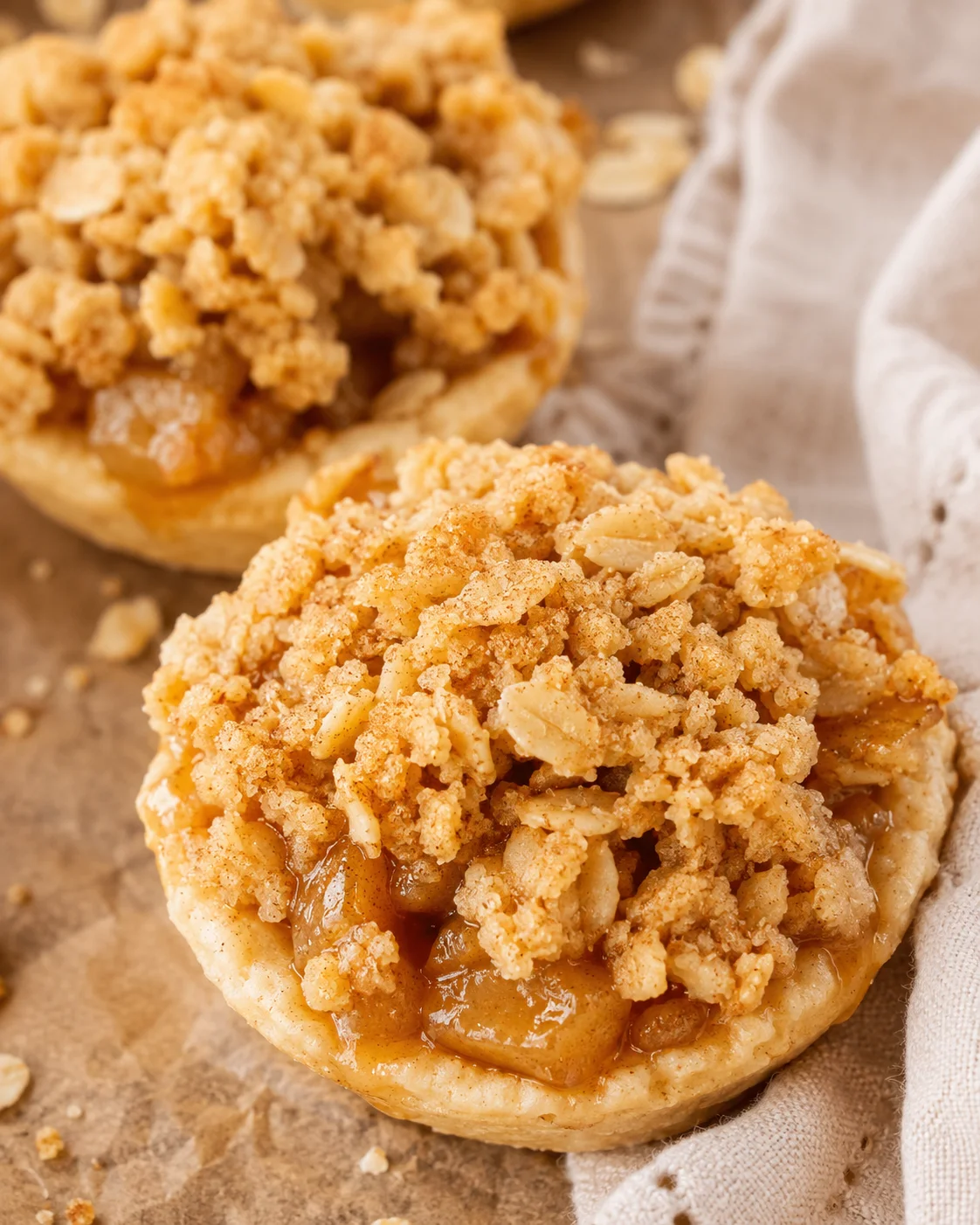 Close-up of homemade apple crisp cookies with crumble topping and apple filling