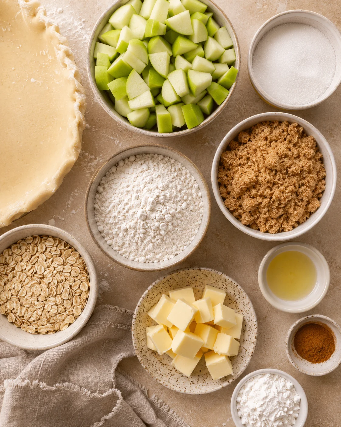 Bowl of chopped green apples and baking ingredients ready to make cookies.