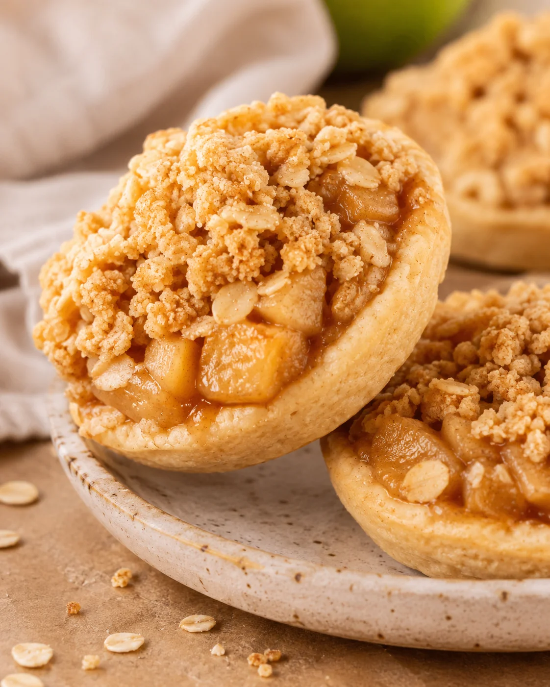Handheld apple crisp cookies with crumbly topping and apple filling.