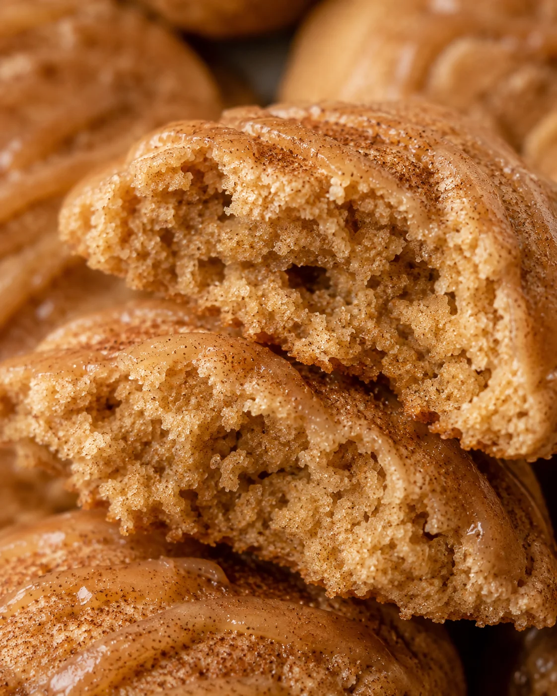 Close-up of soft, thick, cinnamon-sugar rolled apple butter snickerdoodles with glaze