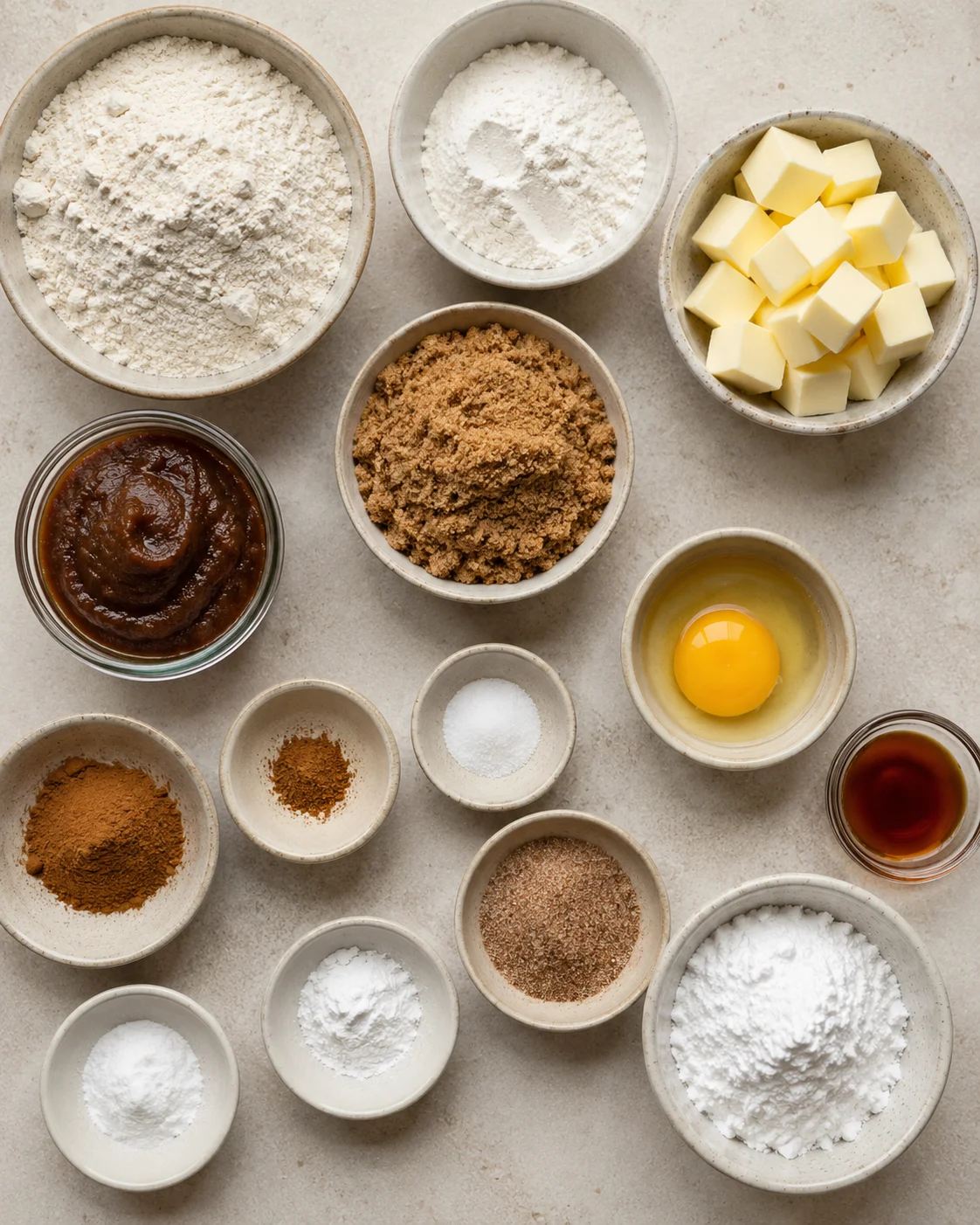 Various ingredients for making soft, cinnamon-spiced apple butter snickerdoodles displayed in small bowls.