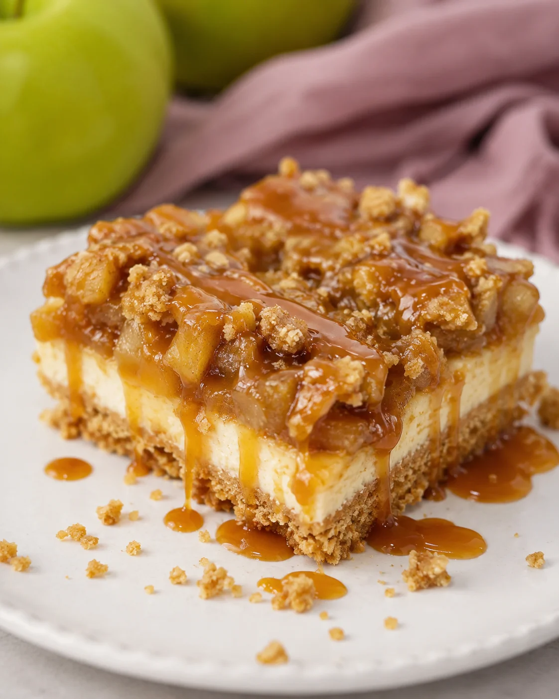 Delicious layered caramel apple cheesecake bars topped with streusel and caramel drizzle.