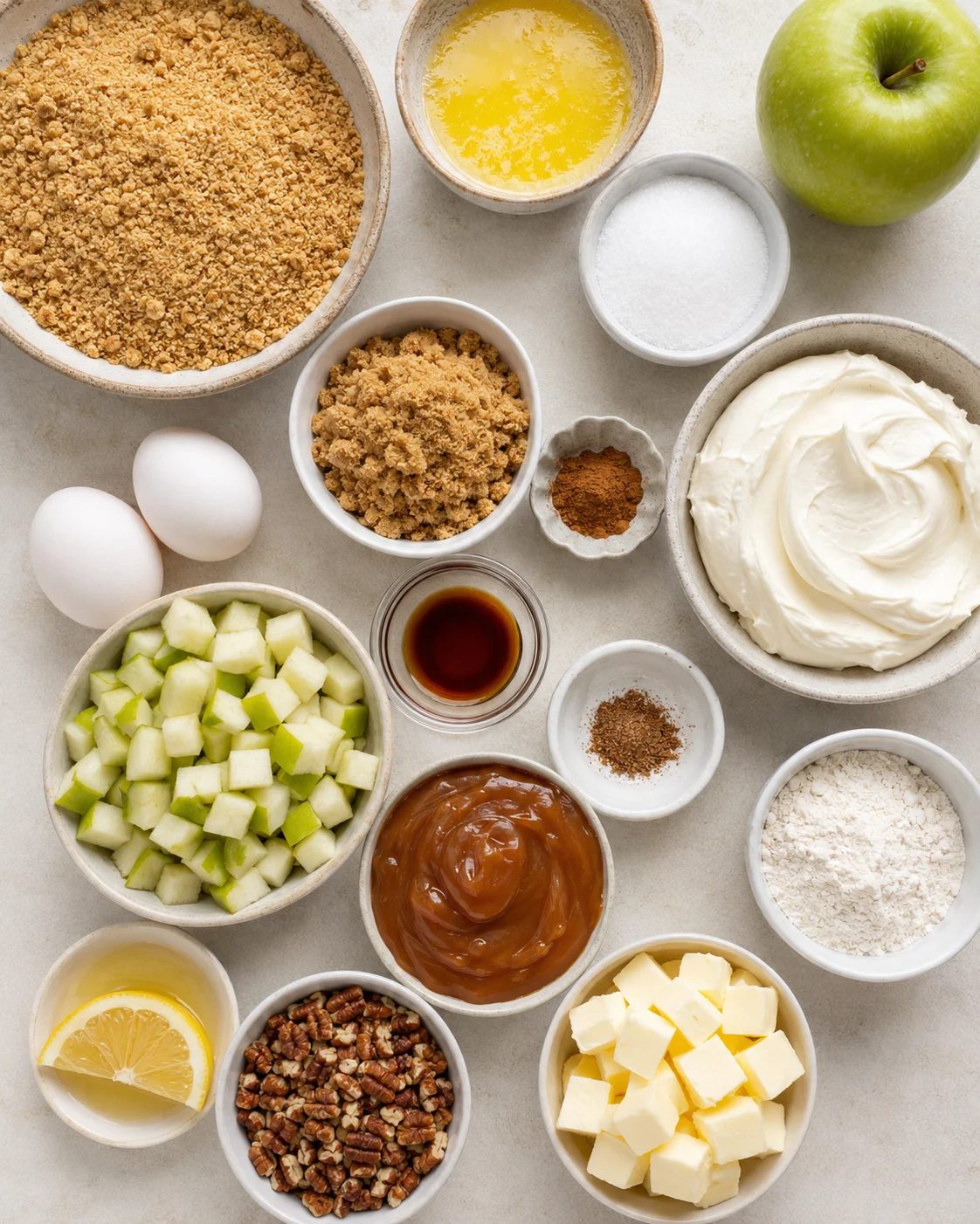 Ingredients for caramel apple cheesecake bars, including graham crackers, apples, cream cheese, and caramel.