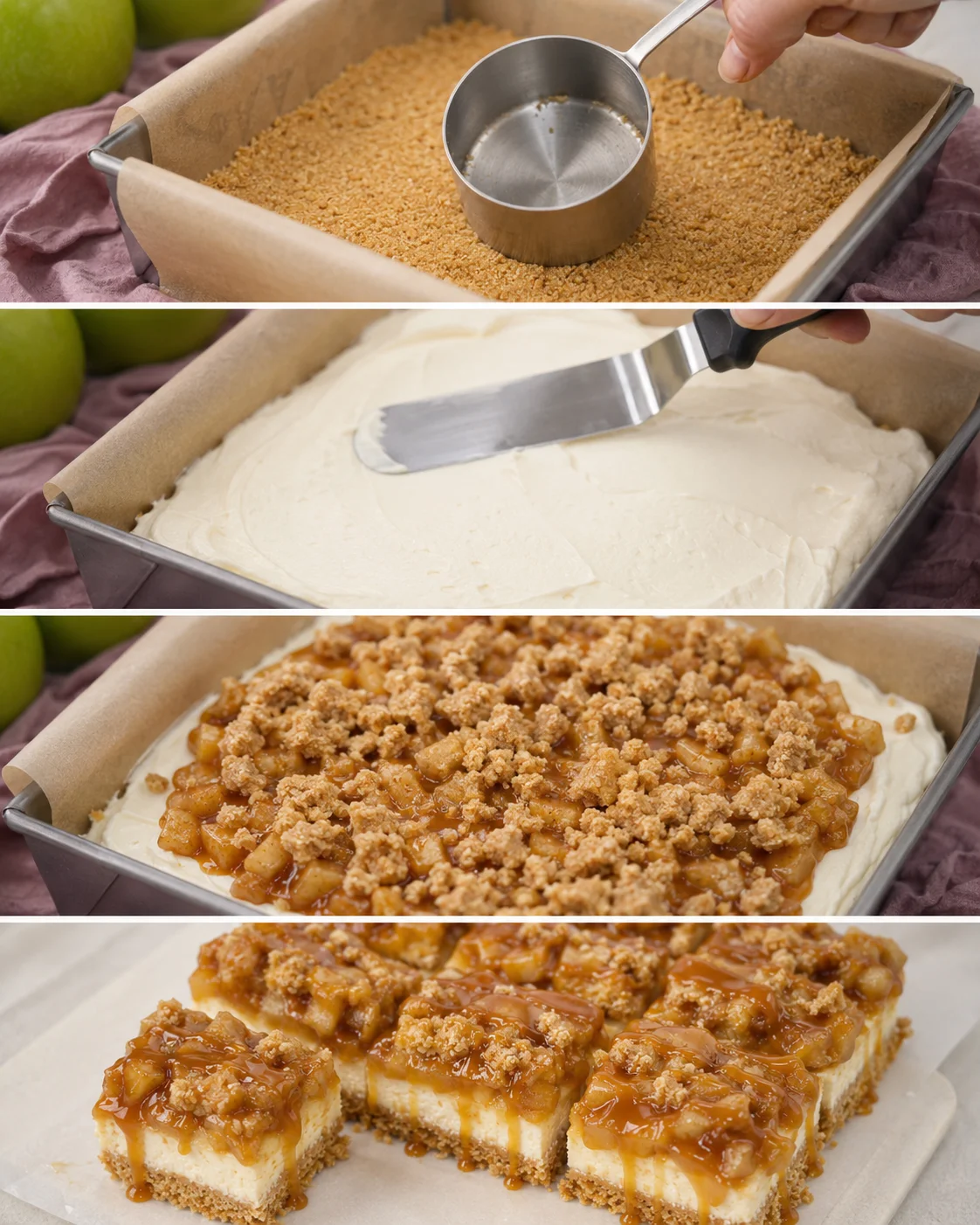 Steps of preparing caramel apple cheesecake bars with crust, filling, topping, and drizzles.