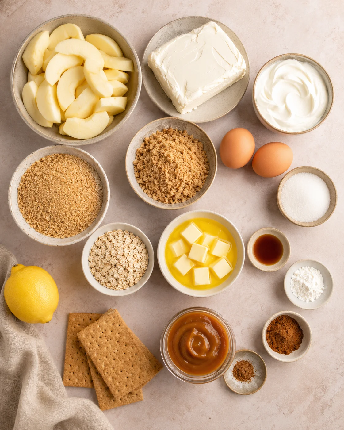 Assorted ingredients for apple crumble cheesecake on a neutral background.