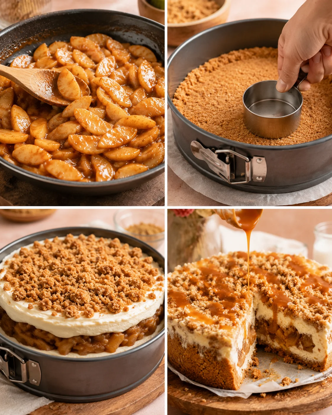 Close-up of apple crumble cheesecake with caramel drizzle and crumb topping
