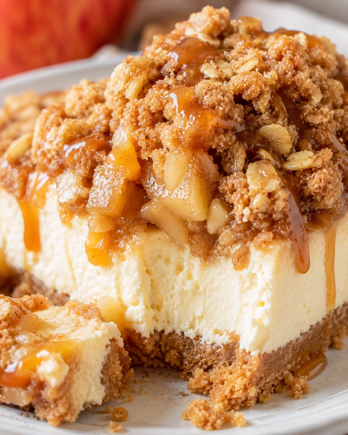Delicious apple crisp cheesecake topped with caramel sauce and crumble.