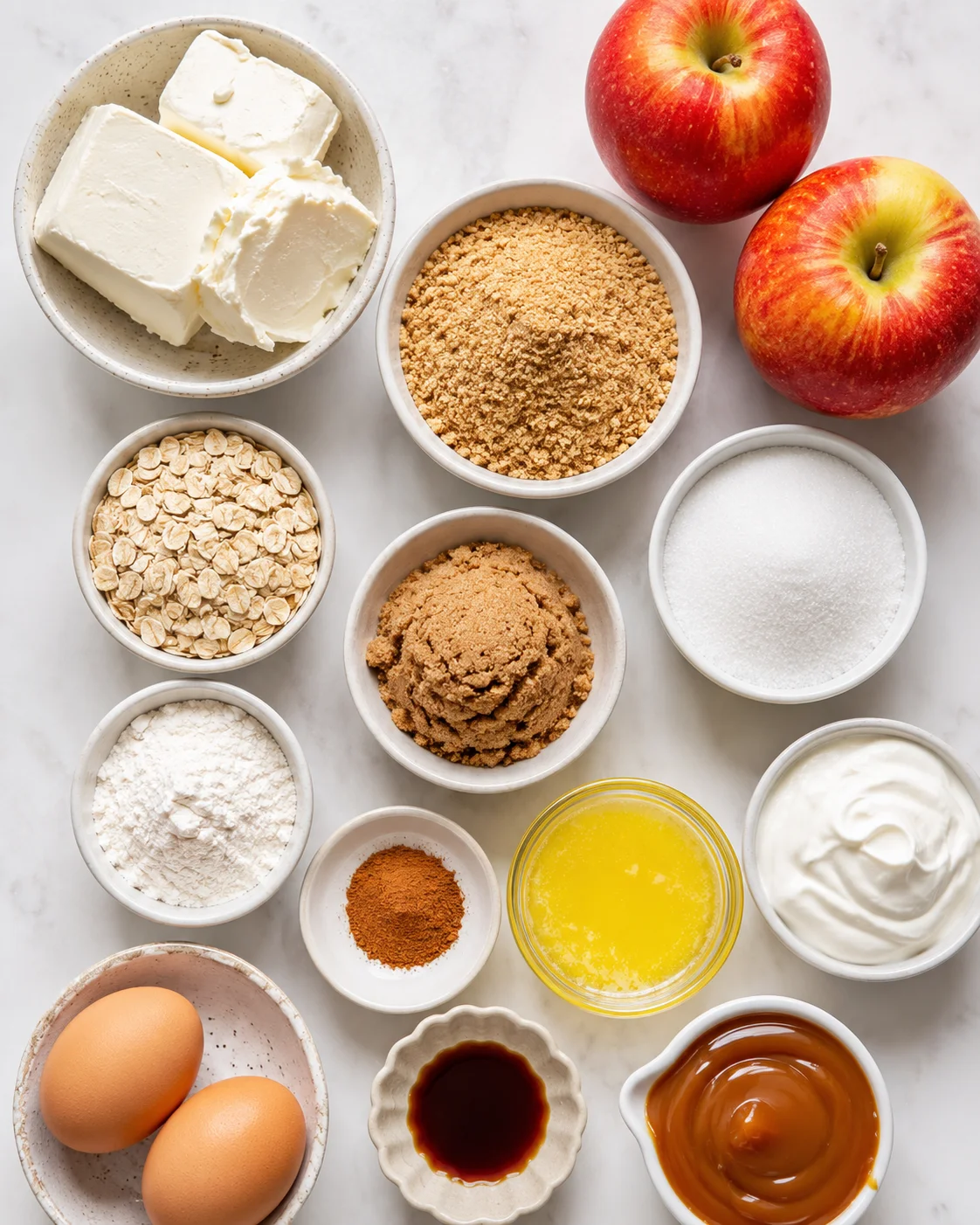 Ingredients for apple crisp cheesecake including apples, cream cheese, and oats.