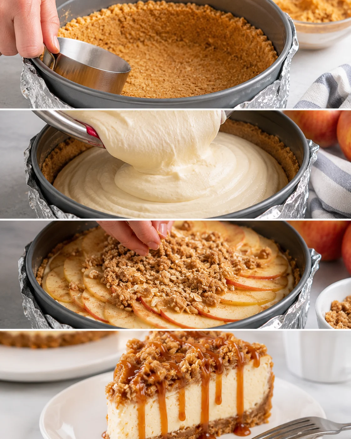 Layered apple crisp cheesecake with crumble topping and caramel drizzle