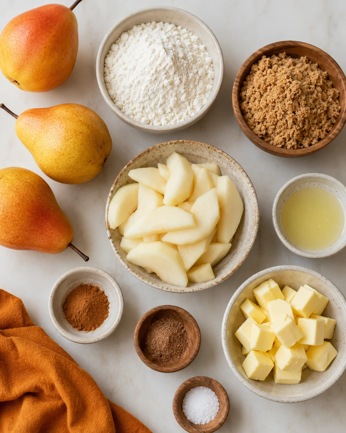 Fresh pears, flour, and sugar ingredients in bowls for pears crumble.
