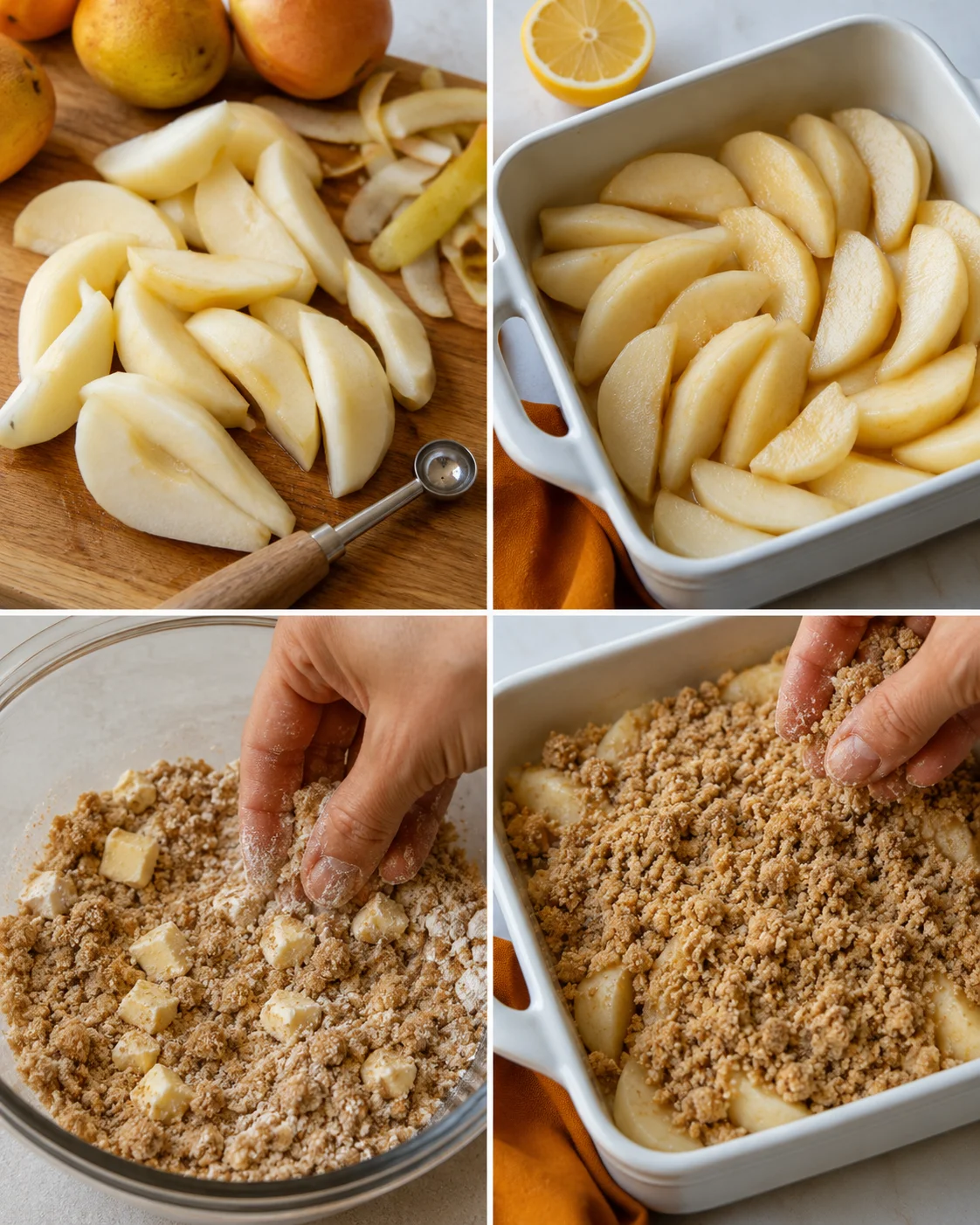 Slices of ripe pears prepared for baking in an autumn-inspired dessert.