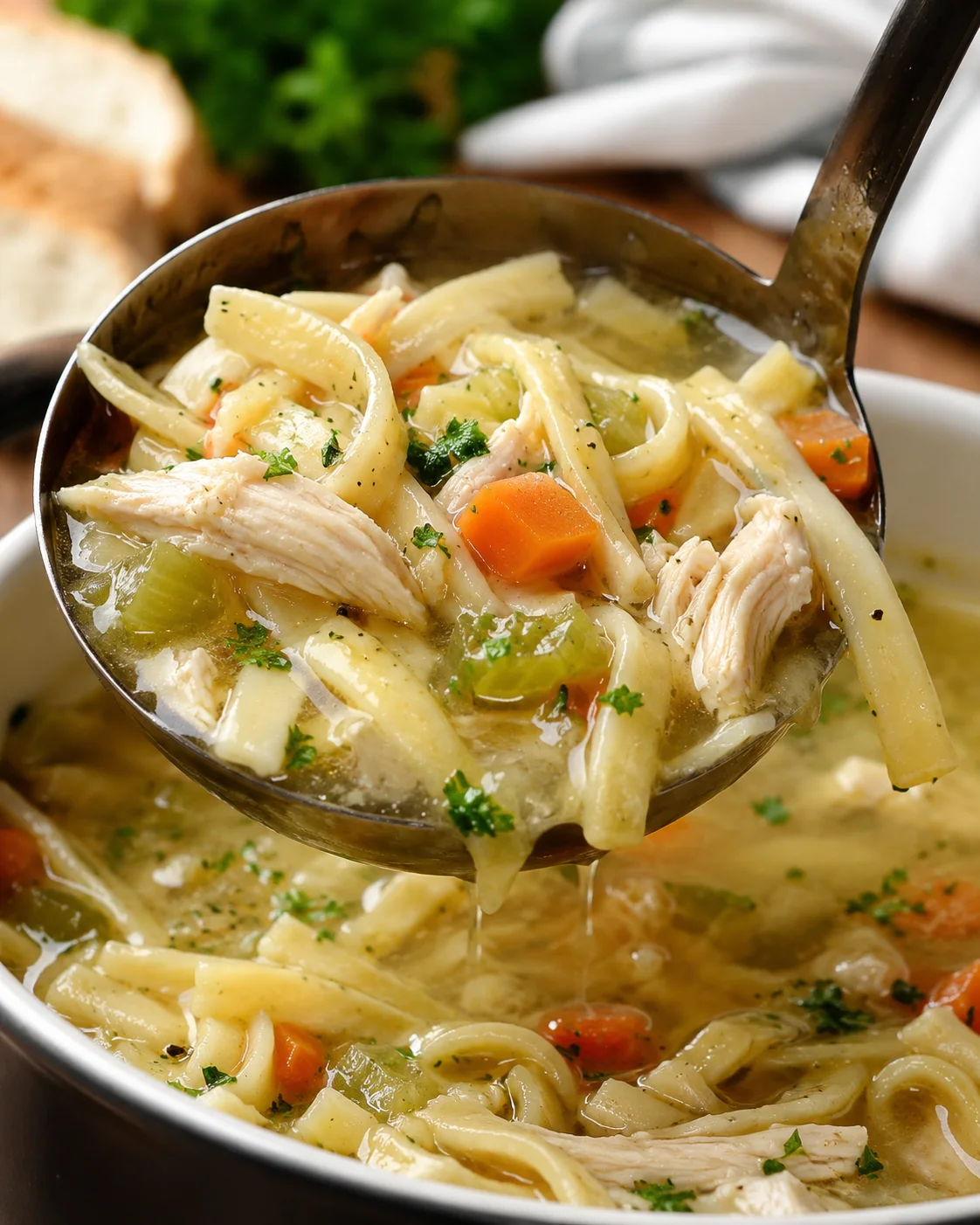 A ladle filled with hearty homemade chicken noodle soup with chicken, vegetables, and noodles