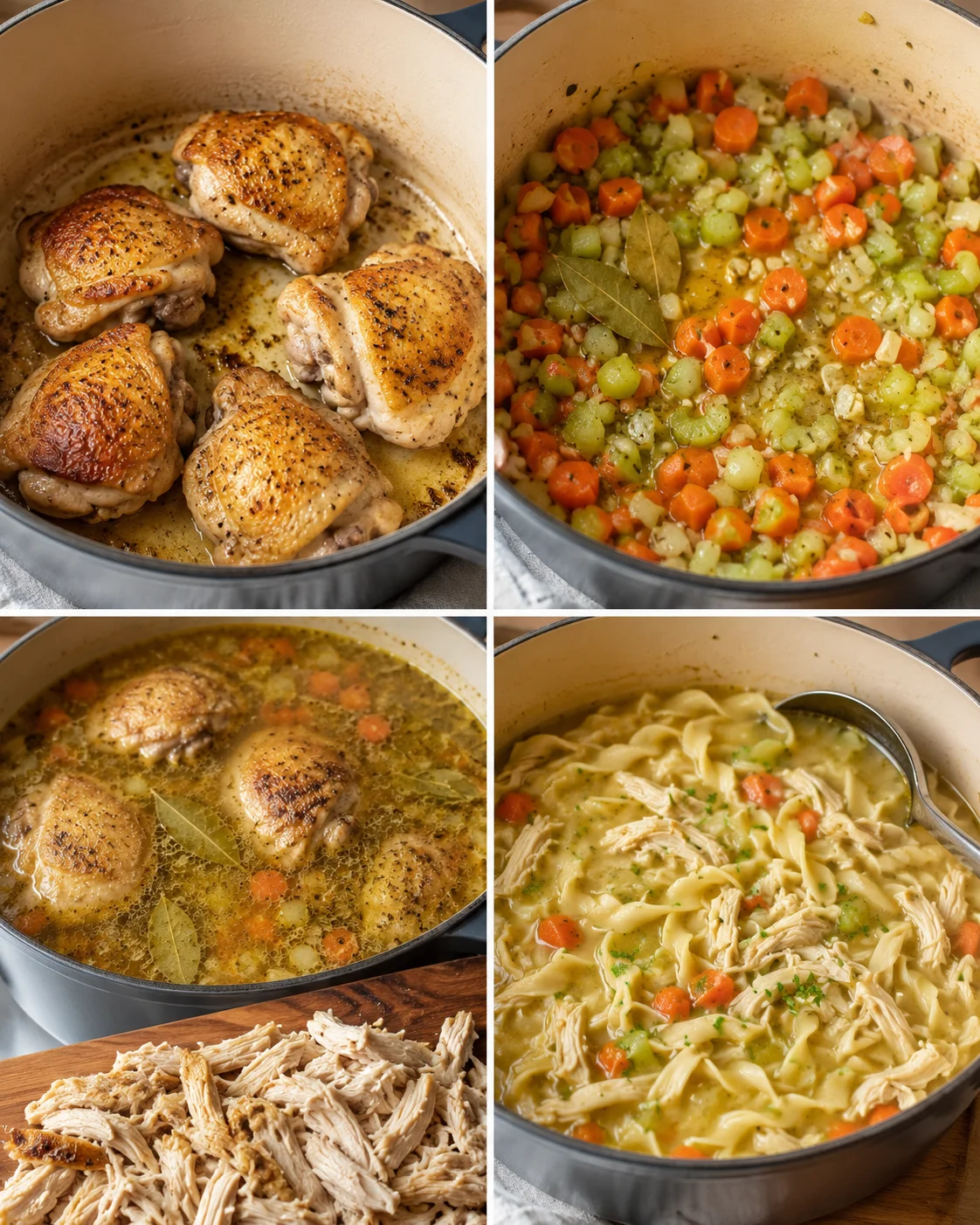 Step-by-step images of cooking tender chicken, vegetables, broth, and noodles.