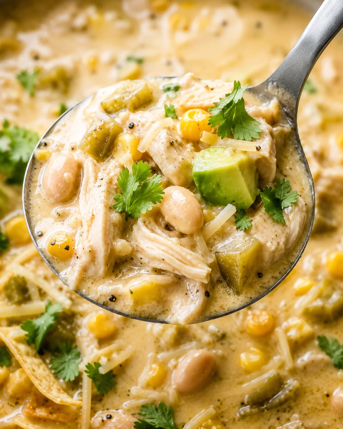 A spoonful of creamy white chicken chili with beans and herbs, close-up shot.