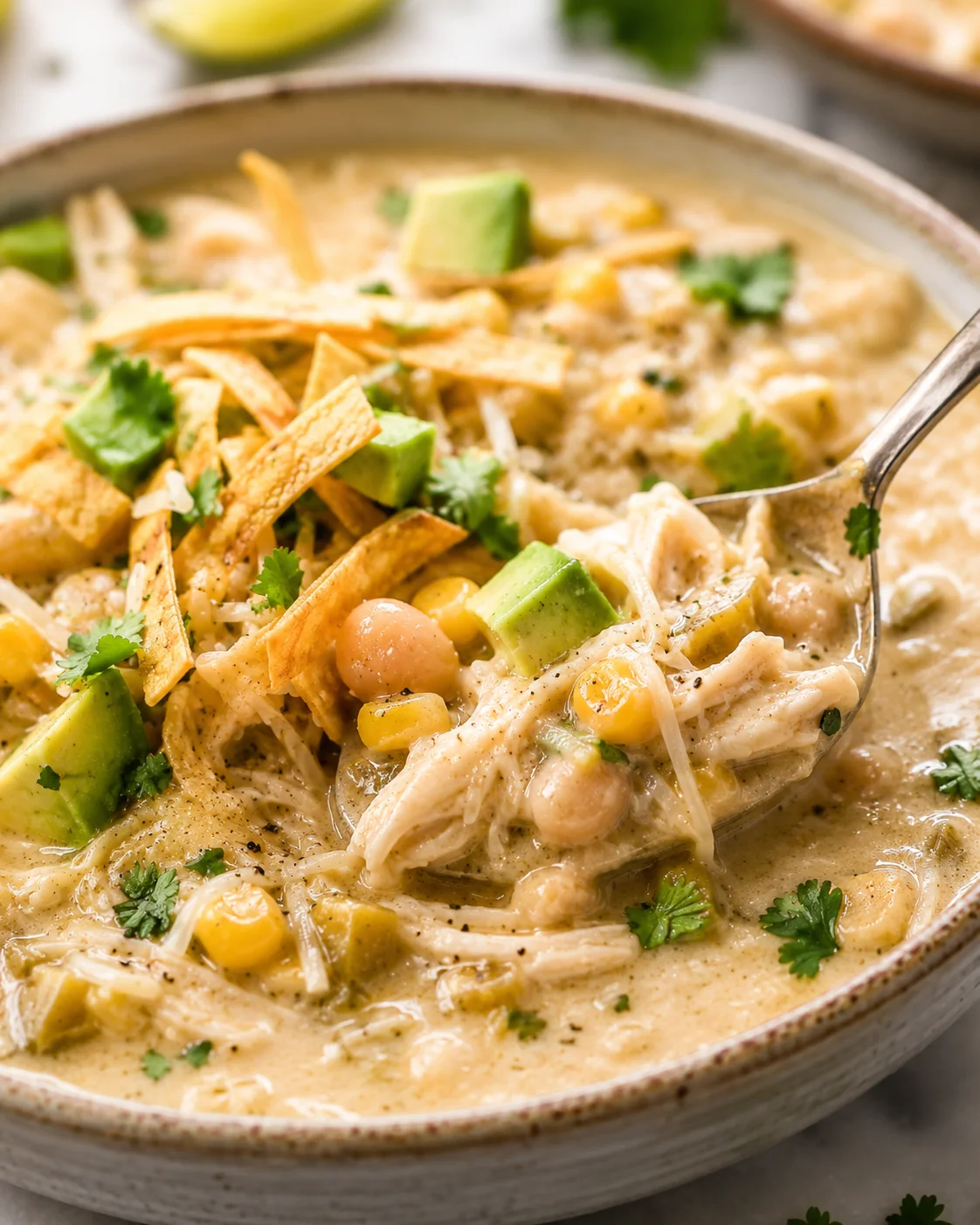 A bowl of creamy white chicken chili topped with avocado and cilantro.