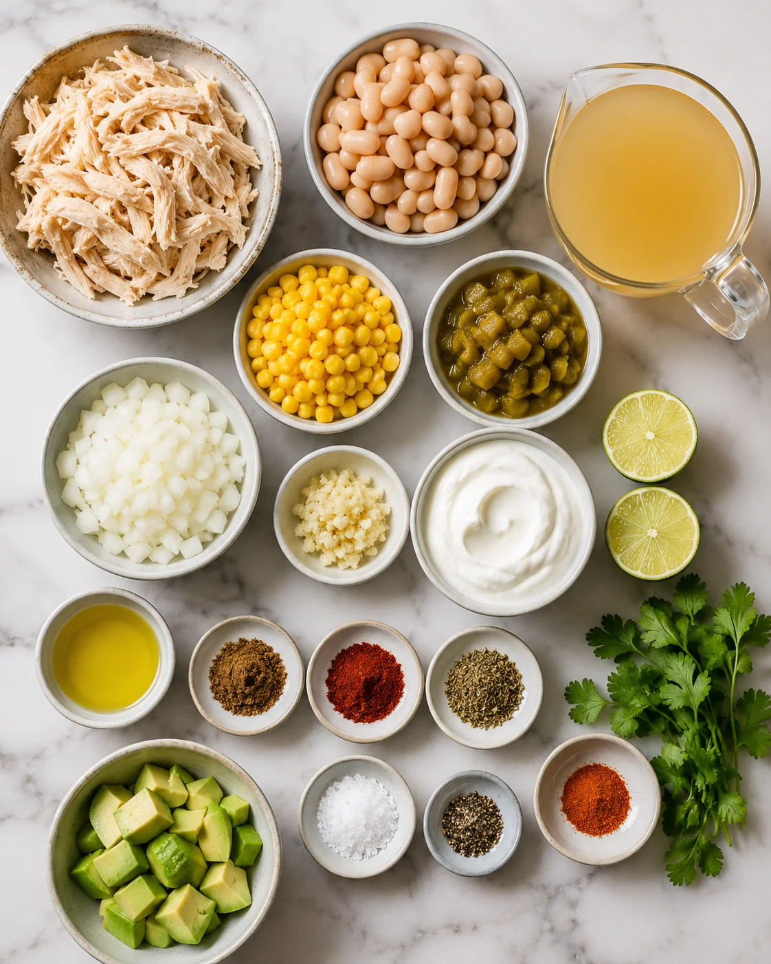 Assorted bowls of shredded chicken, beans, green chiles, and spices for chili