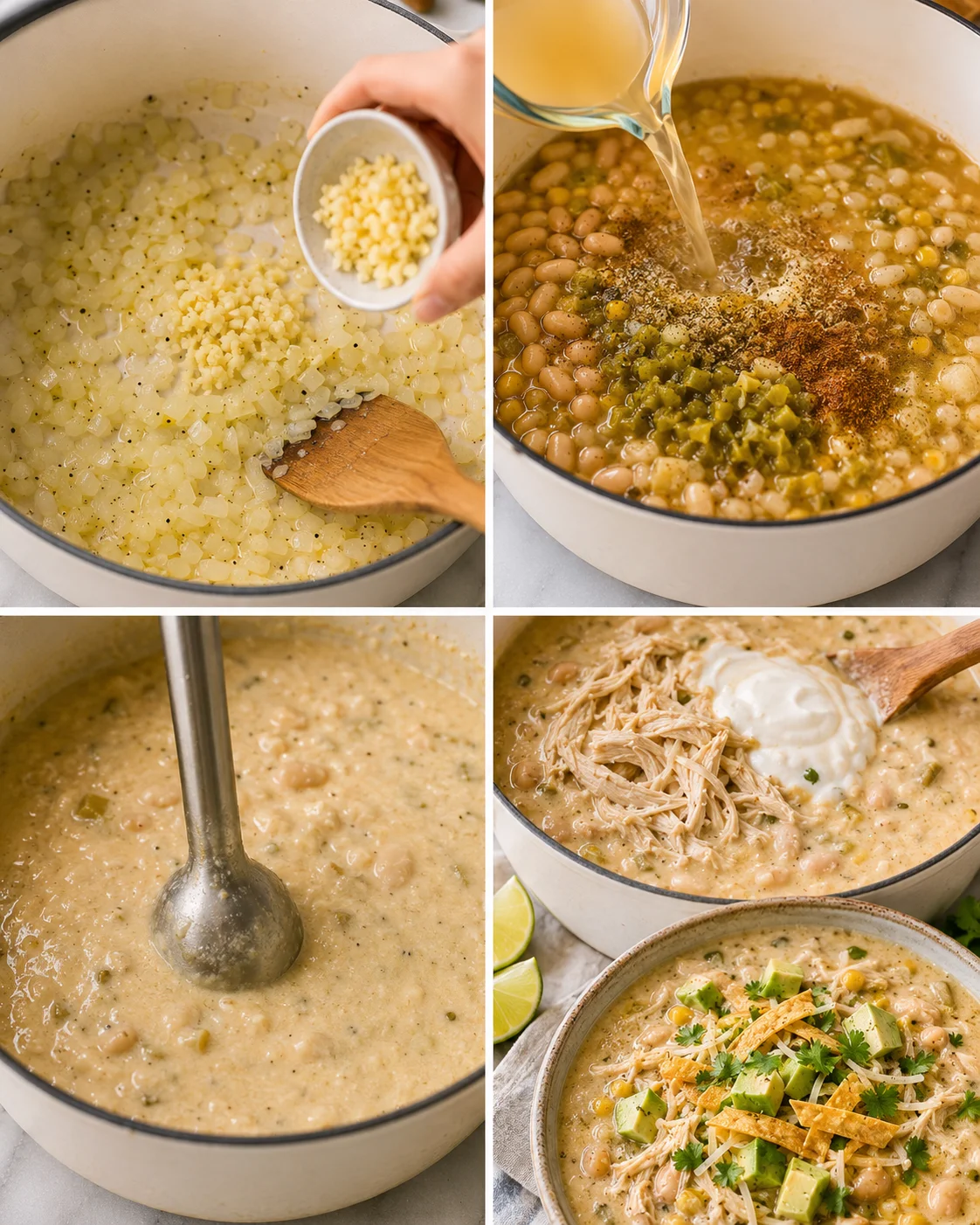 Step-by-step images showing onion sauté, bean blending, chili cooking, and garnished dish.