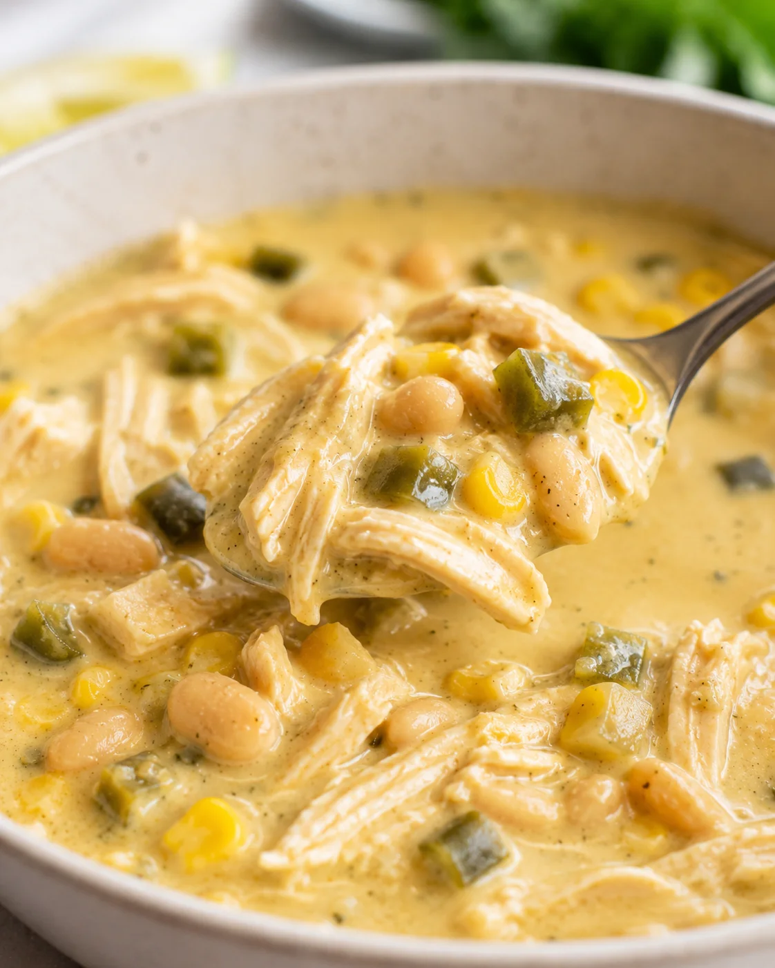 Close-up of a bowl showing shredded chicken and vegetables in creamy broth.