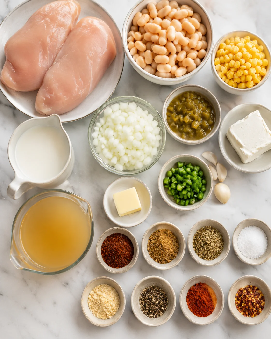 Ingredients for white chicken chili including chicken breasts, beans, corn, and spices on a marble surface.