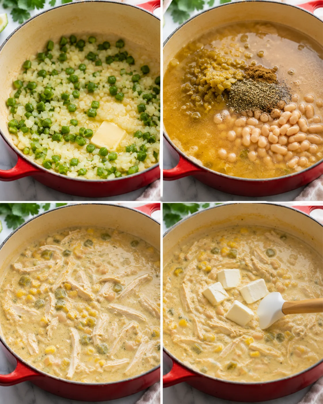 Creamy white chicken chili with green chilies, corn, and shredded chicken in a pot.