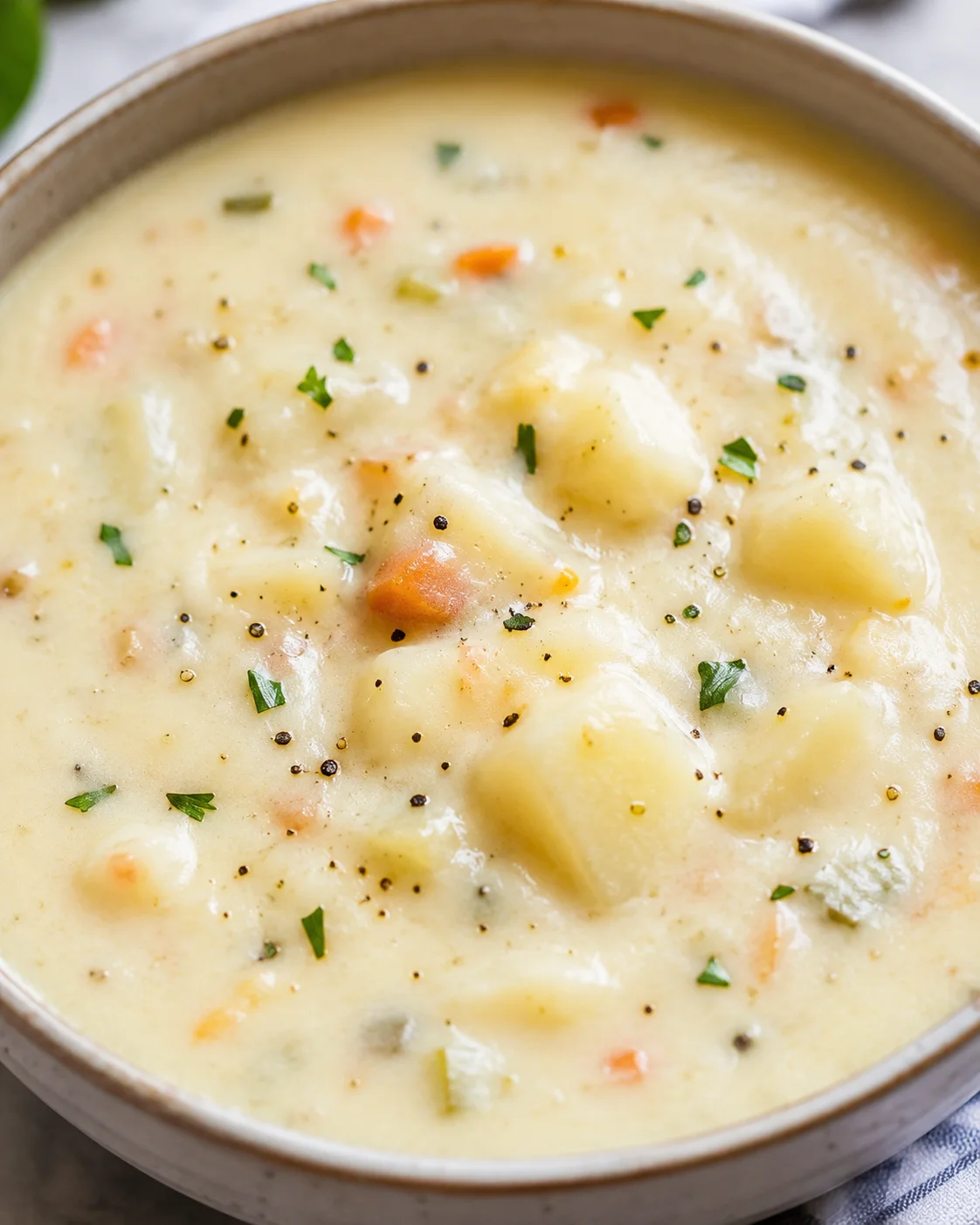 Close-up of creamy potato soup topped with herbs and black pepper.