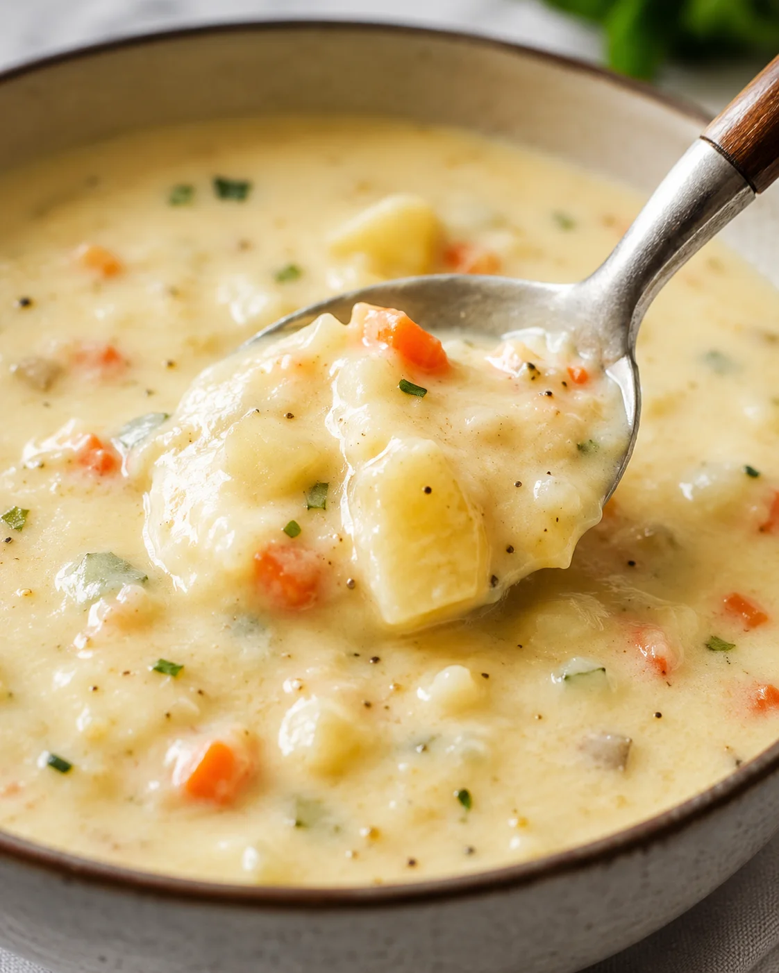 A close-up of a bowl of creamy, velvety potato soup with carrots and herbs.