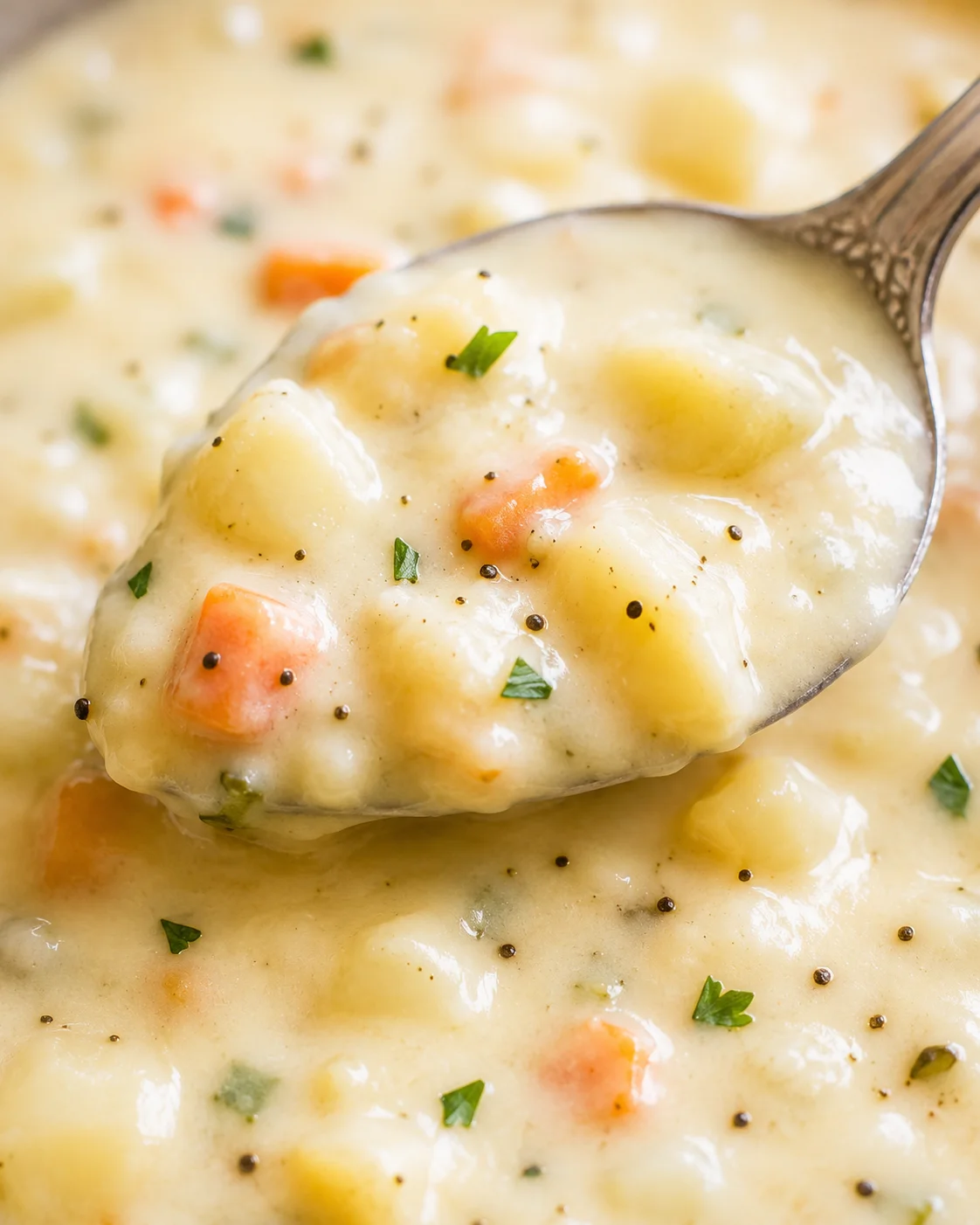 Close-up of creamy potato soup with carrots, herbs, and black pepper in a spoon
