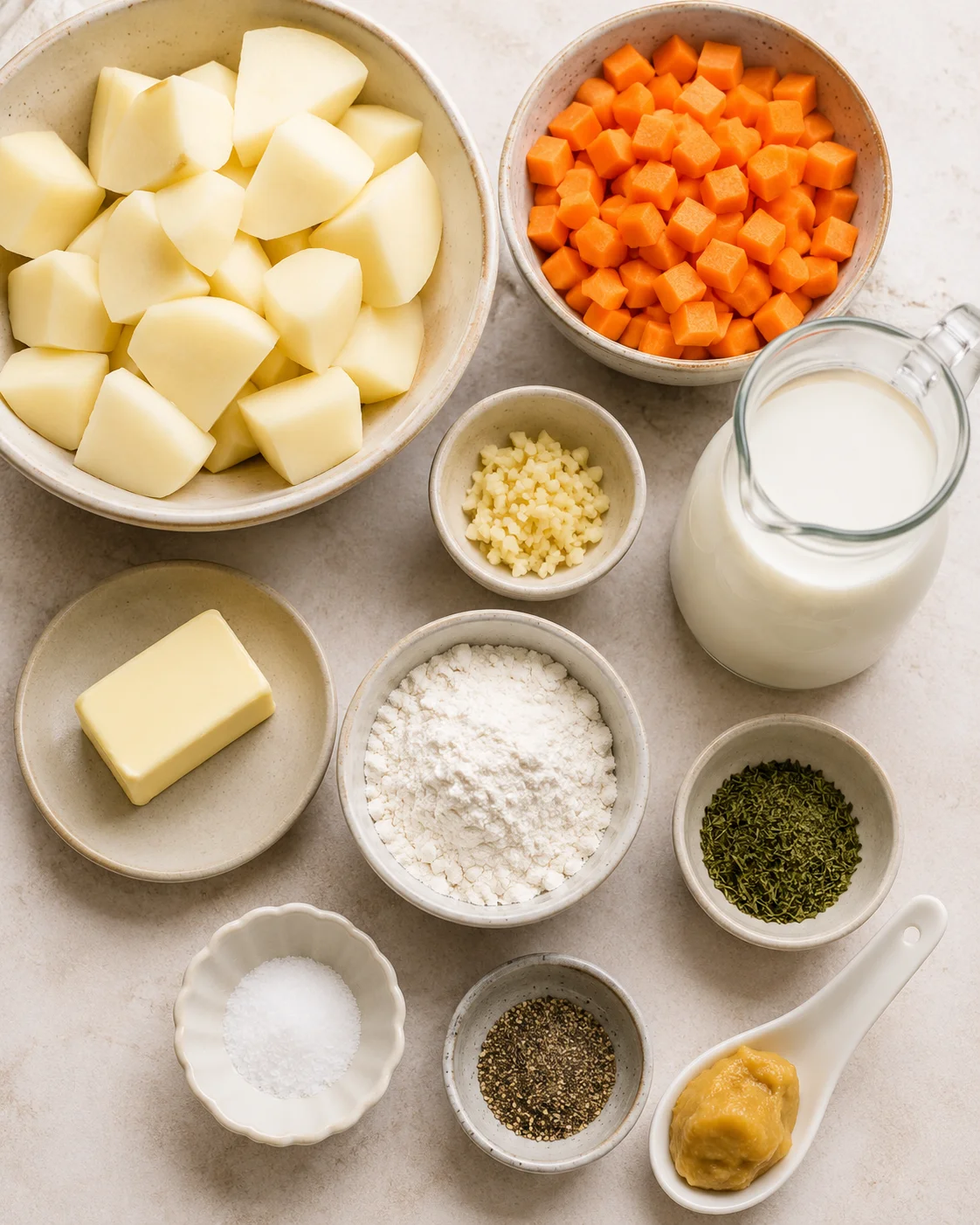 Ingredients for creamy potato soup including potatoes, carrots, milk, and butter.