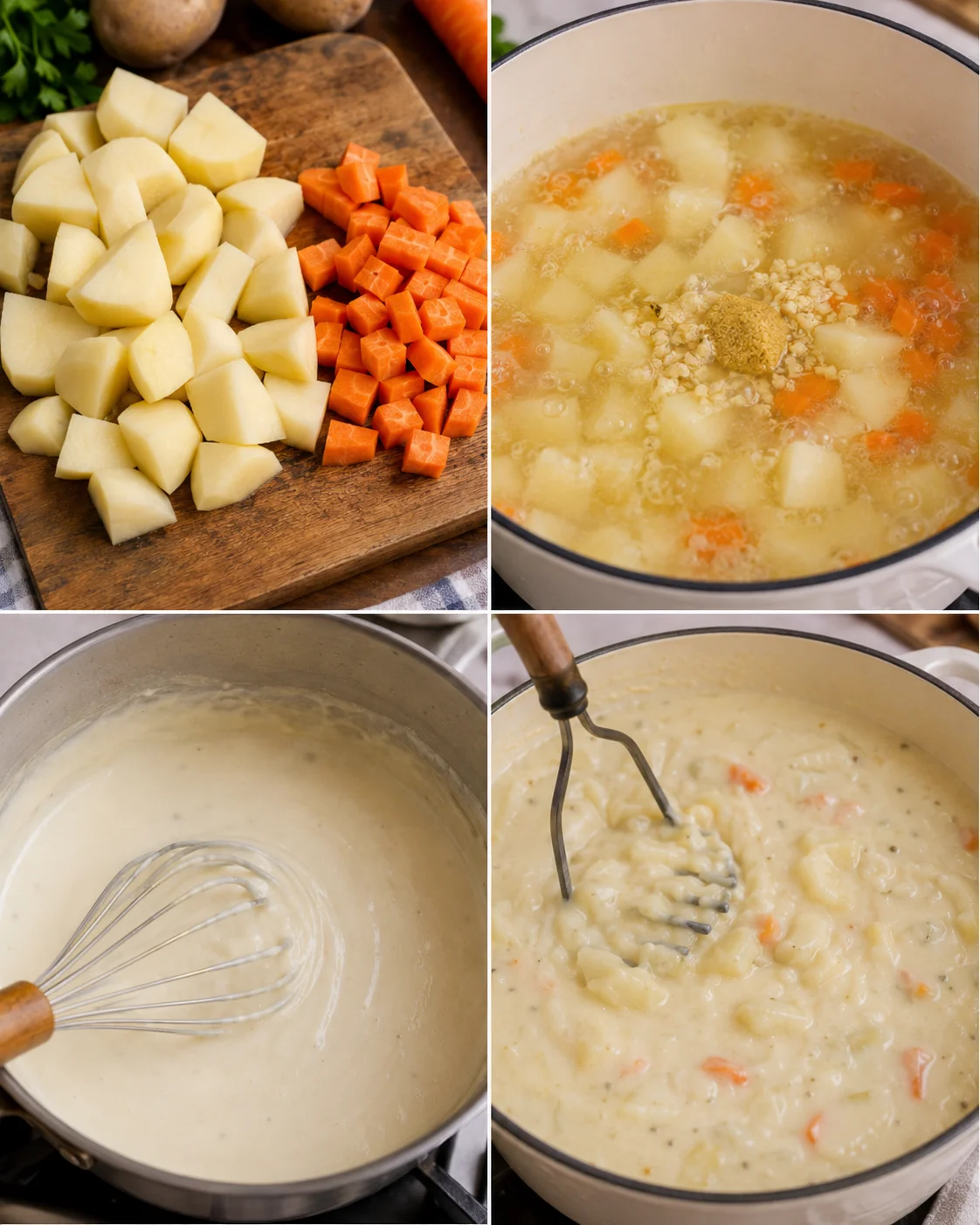 Step-by-step images of preparing creamy potato soup with carrots and a white sauce.
