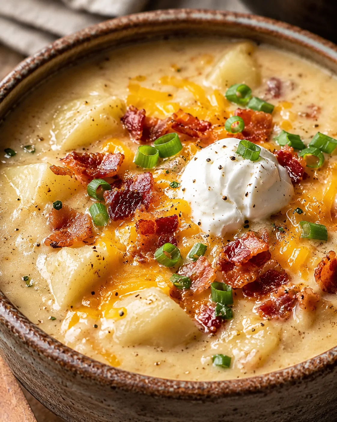 A close-up of creamy potato soup topped with bacon, green onions, and sour cream in a rustic bowl