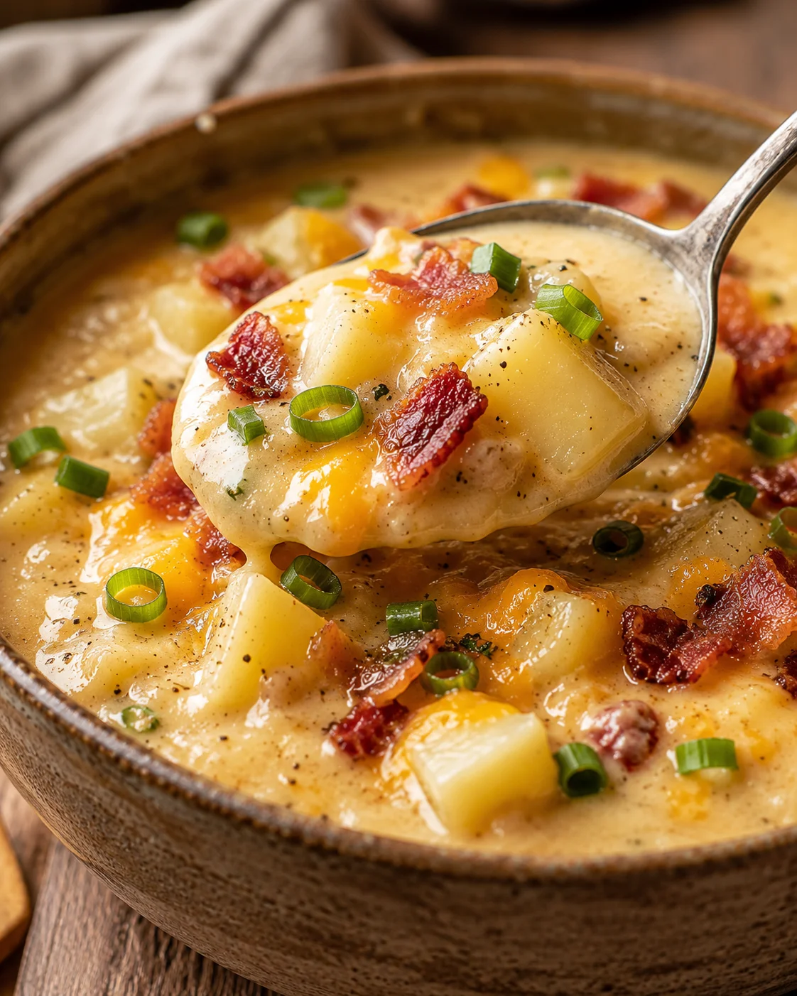 Hearty potato soup topped with bacon, green onions, and melted cheese in a rustic bowl.