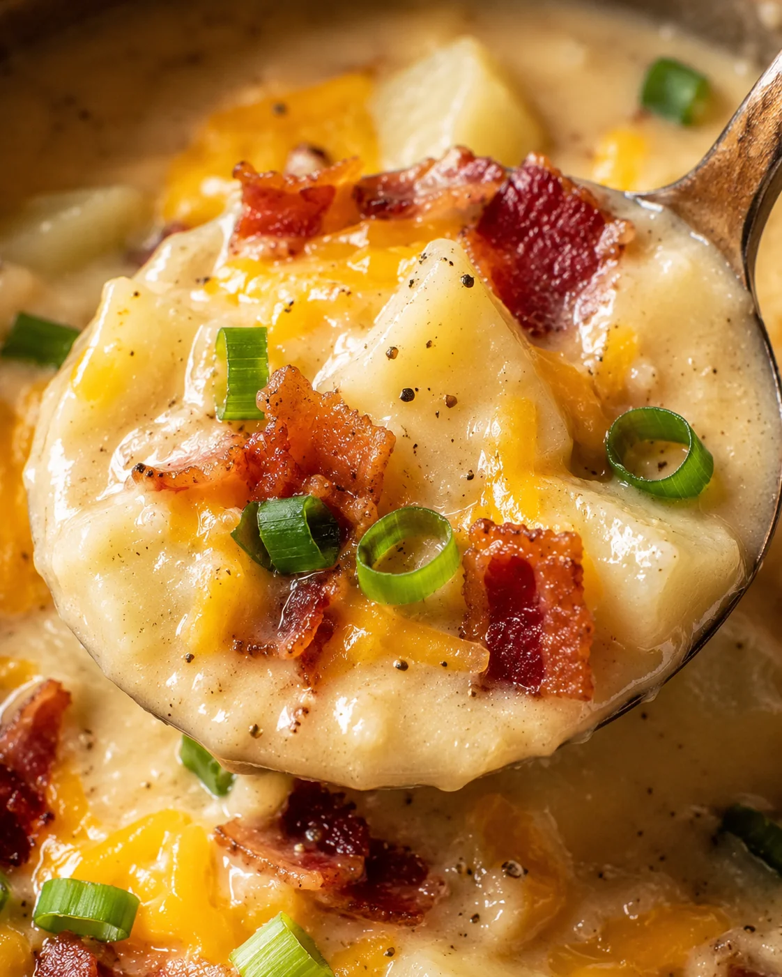 Close-up of cheesy potato soup topped with bacon and green onions.