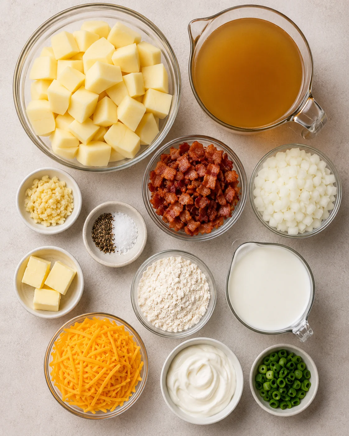 Assorted ingredients used for making creamy crockpot potato soup.