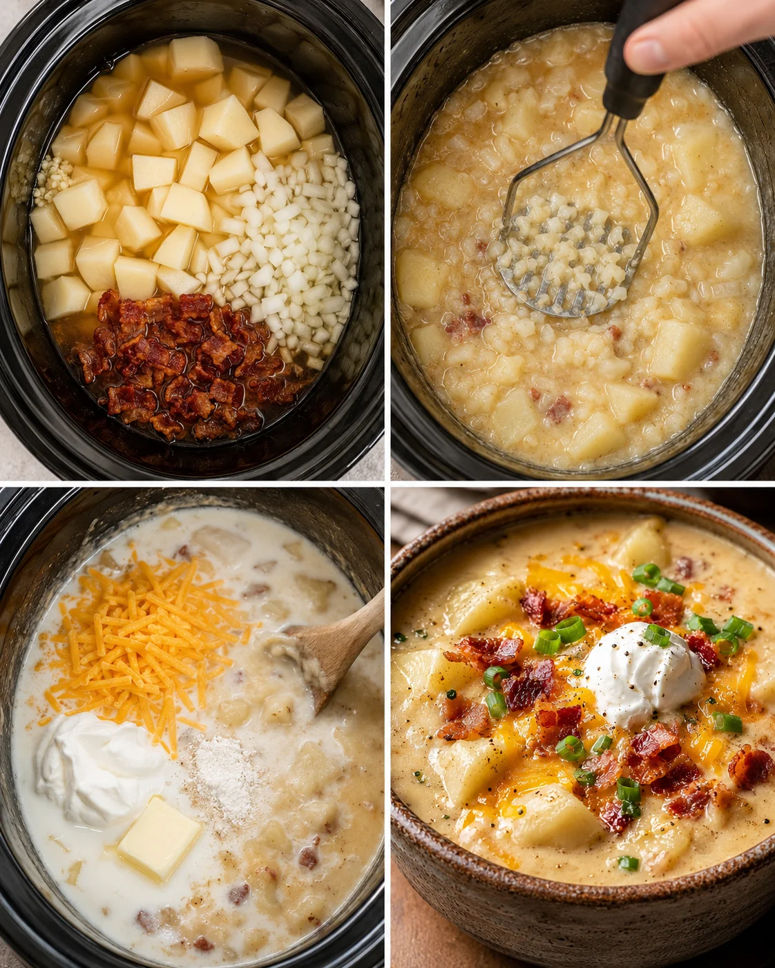 Step-by-step images of preparing creamy potato soup in a crockpot.