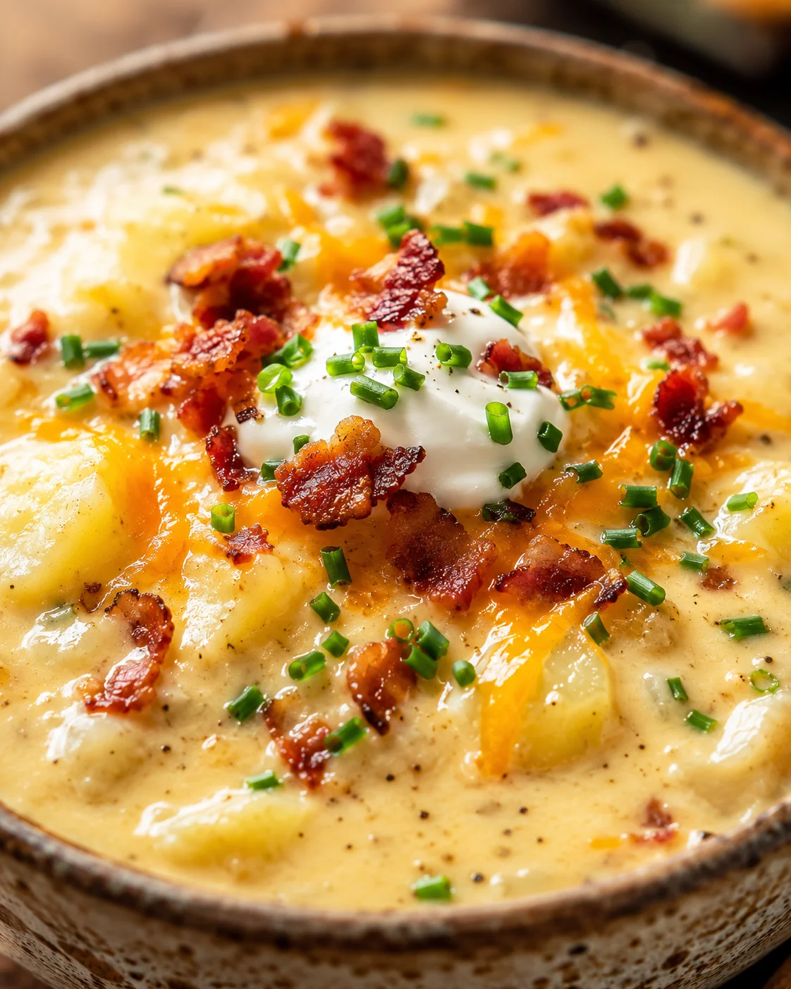 A creamy bowl of loaded baked potato soup topped with bacon, chives, and sour cream.