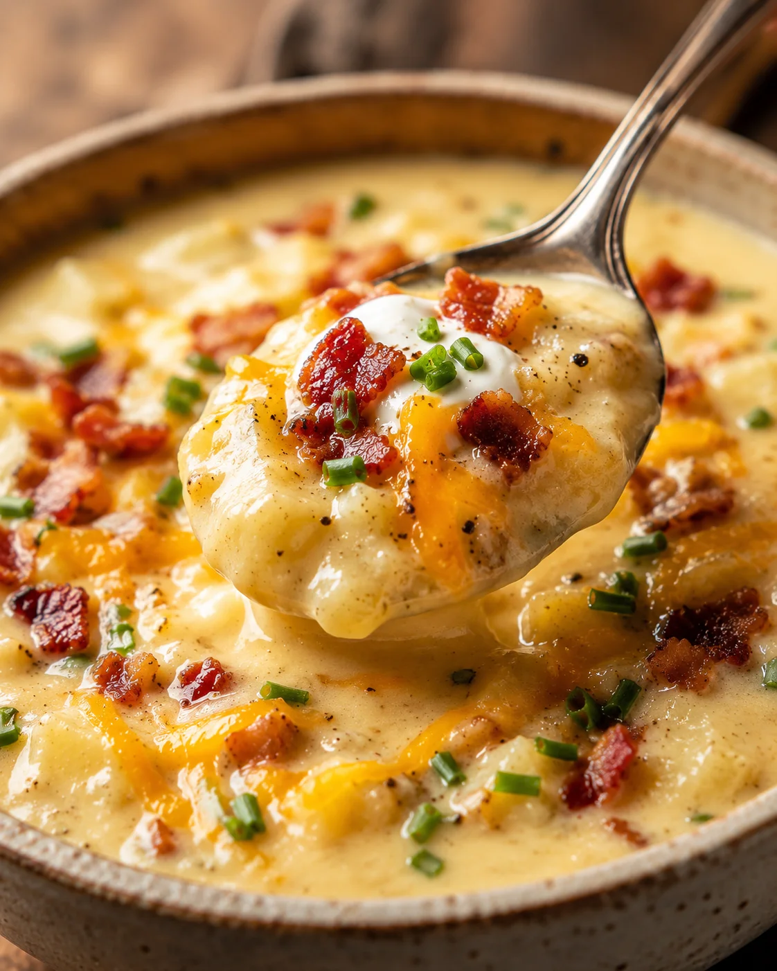 Creamy loaded baked potato soup topped with bacon, chives, and melted cheese.